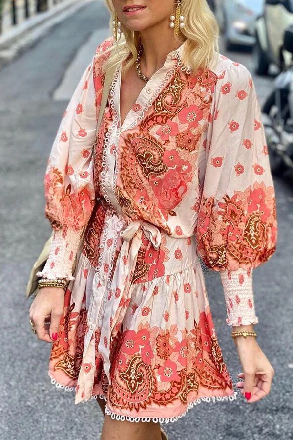 MW | Palace Print Knopf gesmokte Ärmel Gürtel Minikleid
