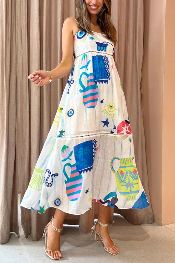 MW | She's The Fun Leinenmischung Verspielter Druck Leiter Trim Midi Kleid