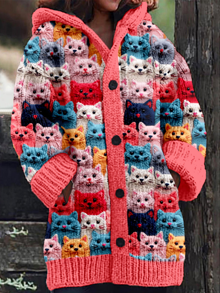 EM | Gestrickter Mantel mit Knopfleiste und verspieltem Katzenprint