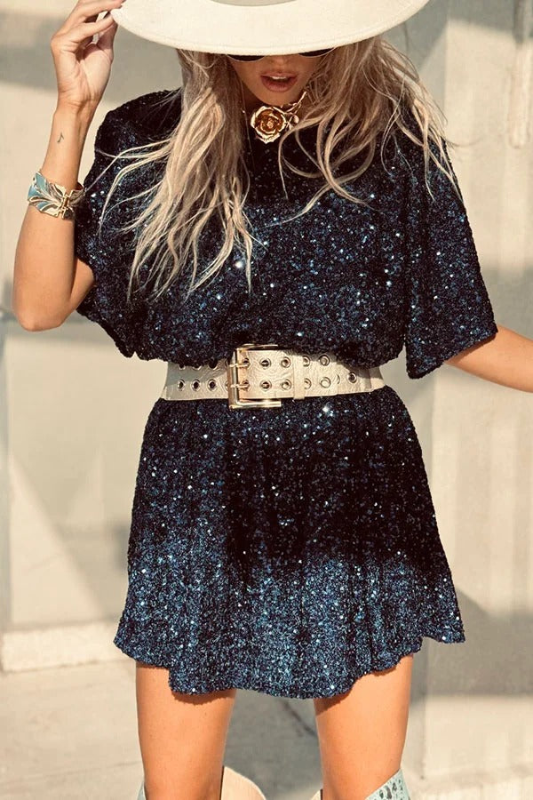MW | Night Moves Pailletten Stoff kurze Ärmel rückenfrei H-Linie Minikleid