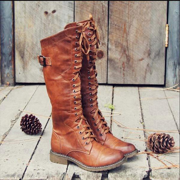 EM | Vintage-Kniehohe Schnürstiefel