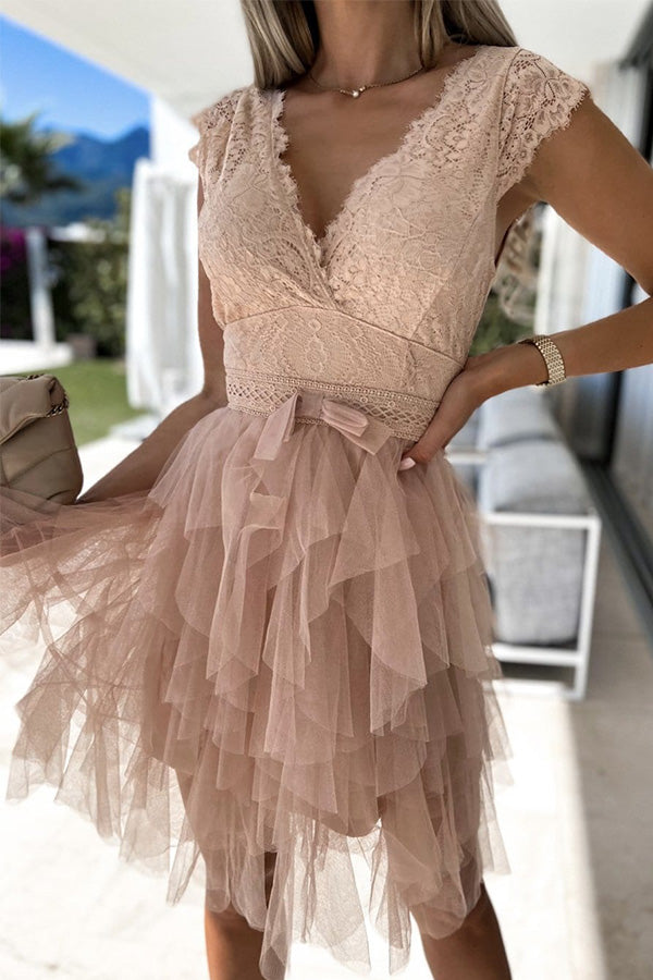 MW | V-Ausschnitt Ärmelloses Midikleid aus Spitze