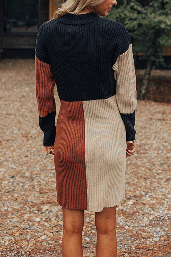 MW | Winter Latte Knit Farbe Block Mock Ausschnitt Pullover Mini Kleid