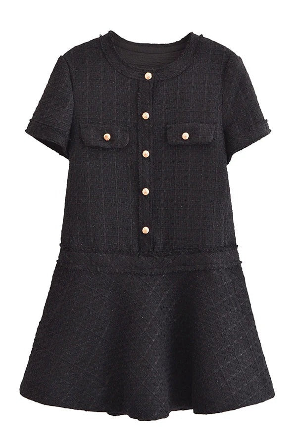 MW | 1960er Jahre London Girl Tweed texturiert Gold Knopf Kurzarm Pocketed Mini Kleid