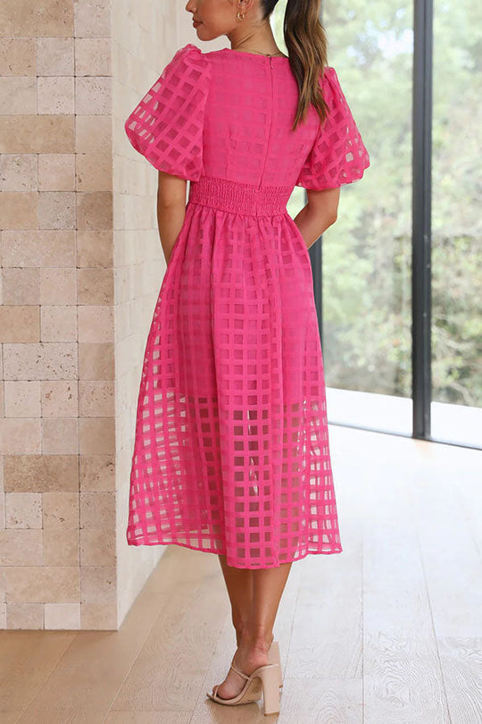 MW | Remarkable Beauty Quadratisch Gemusterter Stoff Puffärmel Party Midi Kleid