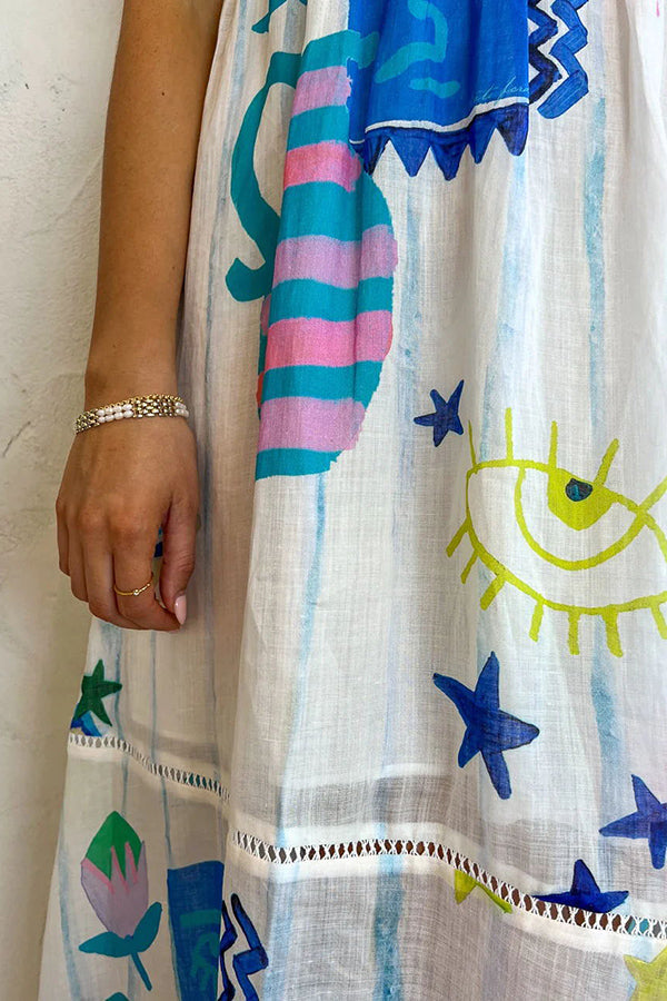 MW | She's The Fun Leinenmischung Verspielter Druck Leiter Trim Midi Kleid