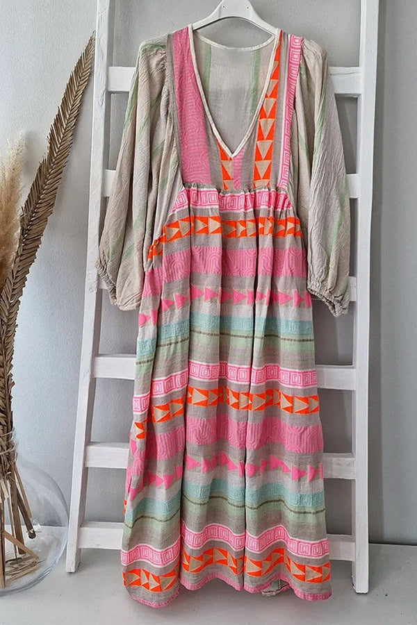 MW | Whisked Away Geometrische Farbe Block gedruckt A-Linie Midi Kleid