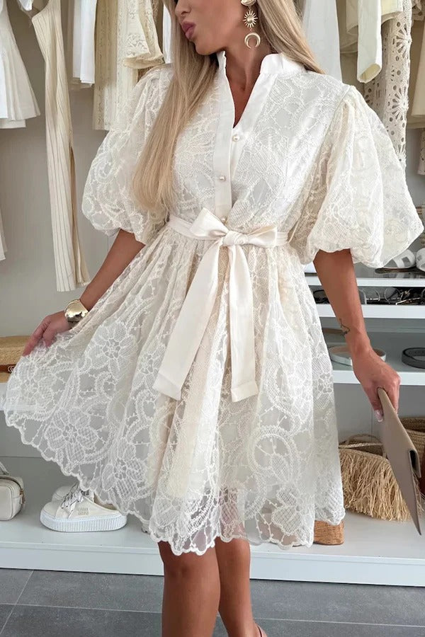 MW | Sommer Romantik Stickerei Spitze Puffärmel Knopf Krawatte Mini Kleid