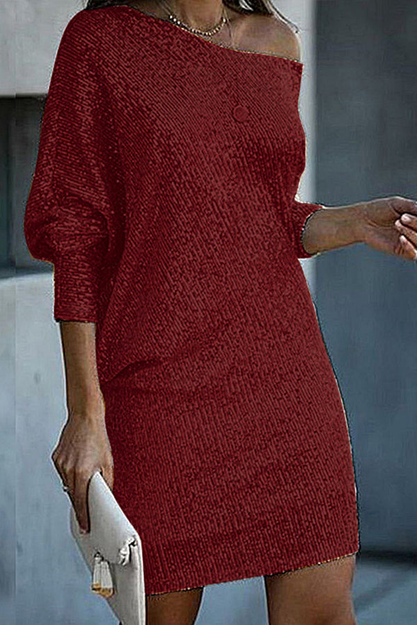 MW | Solid Pailletten Off-shoulder Lose Mini Kleid