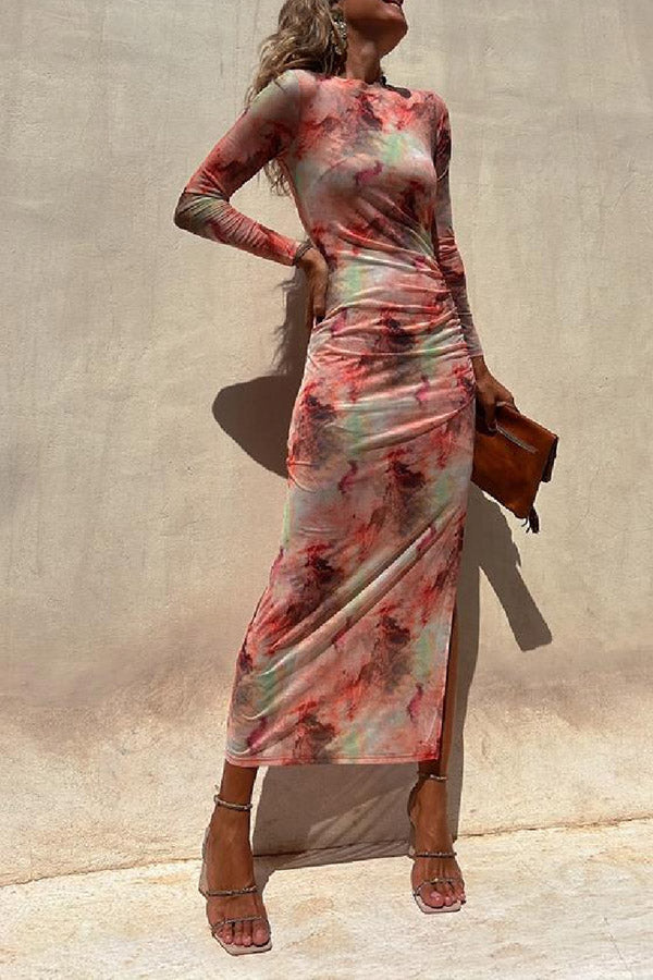 MW | Charm Lady Mesh Overlay Tie Dye Print Langarm geraffte Stretch Midi Kleid