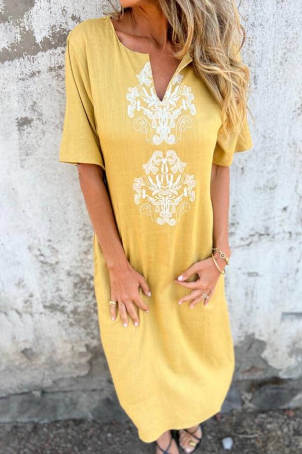 MW | Bohemian Print Leinen Lose Midi-Kleid