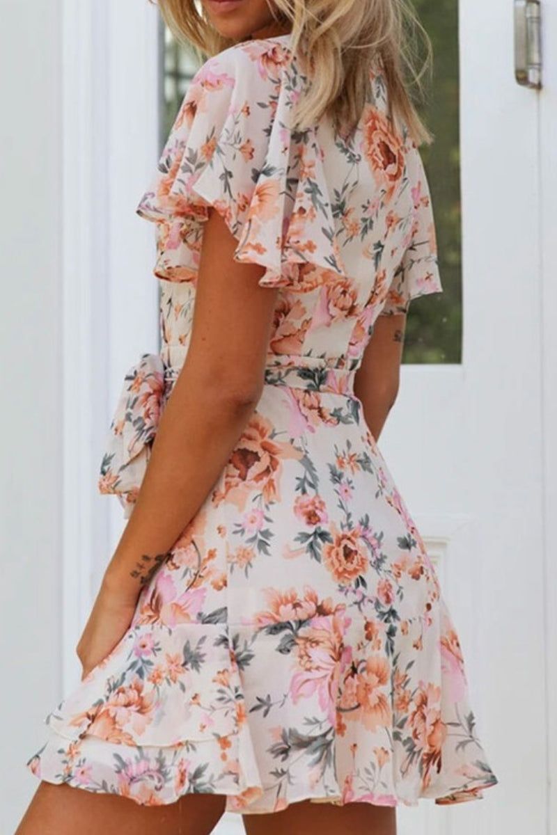 MW | Swingy Ruffle Sleeve Floral Printed Beach Mini Wrap Dress