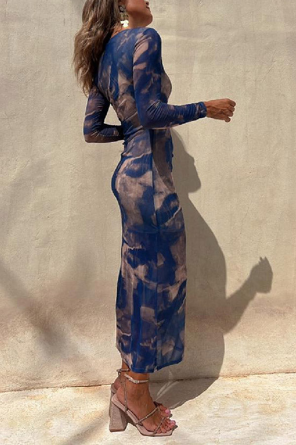 MW | Charm Lady Mesh Overlay Tie Dye Print Langarm geraffte Stretch Midi Kleid