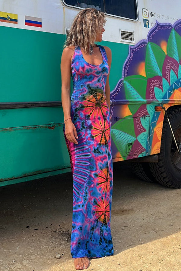 MW | La Bamba Tie-dye Print Rückenschnürung Stretch Maxikleid