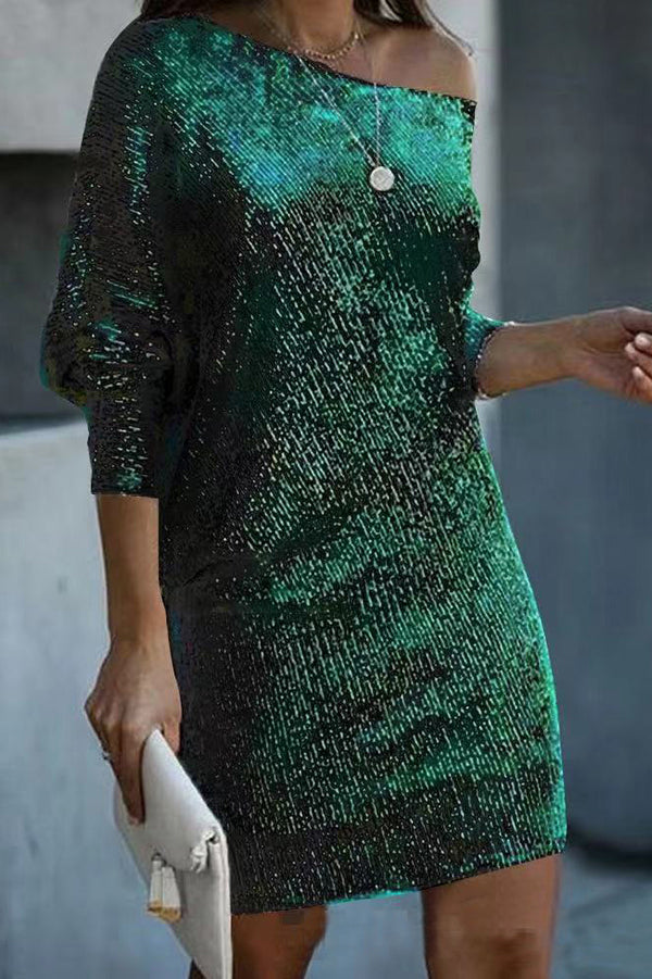 MW | Solid Pailletten Off-shoulder Lose Mini Kleid