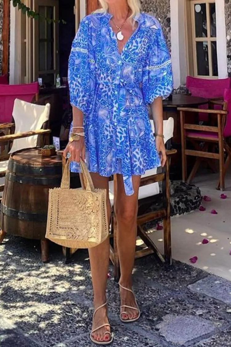 MW | Fashion Stehkragen Shift Bedrucktes Resort Minikleid