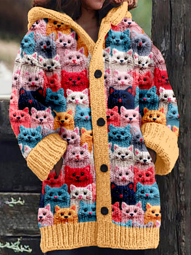 EM | Gestrickter Mantel mit Knopfleiste und verspieltem Katzenprint