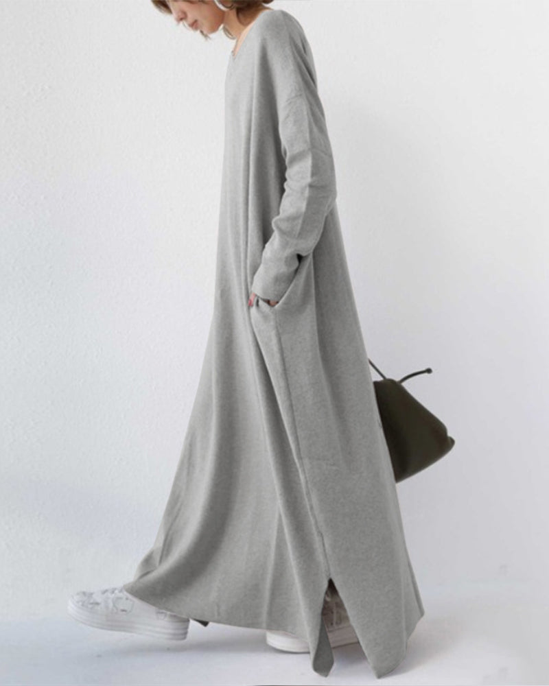 MW | stylisches langärmeliges Maxikleid mit V-Ausschnitt für den Alltag