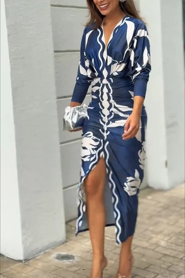 MW | Caliana Einzigartiger Druck Dolman Langarm geraffte Schlitz Midi-Kleid