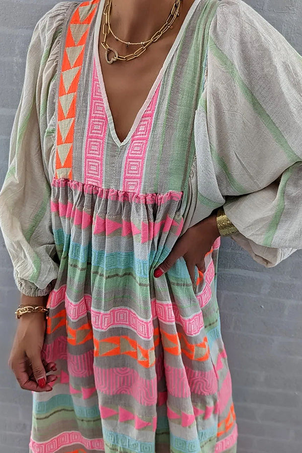 MW | Whisked Away Geometrische Farbe Block gedruckt A-Linie Midi Kleid