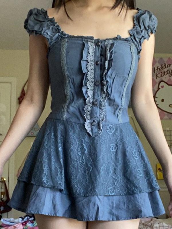 MW | Patchwork-Spitzen-Minikleid mit gestreiften Trägern