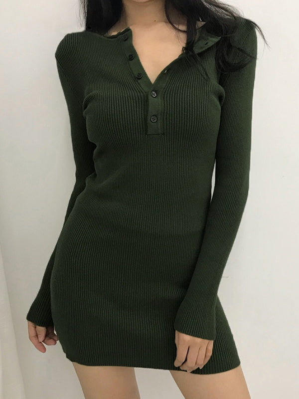 MW | Knopfleiste Rippenstrick Langarm-Minikleid