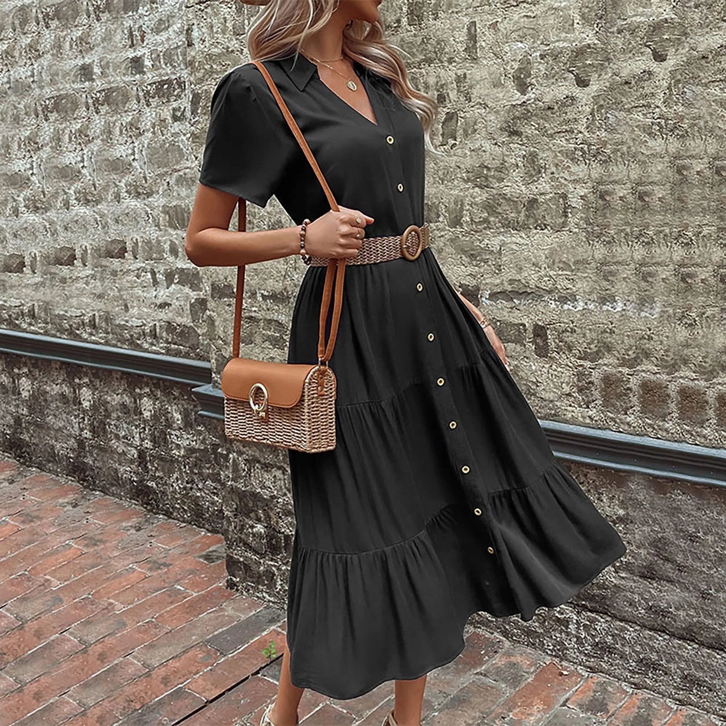 MW | Casual Holiday Midi V Neck Single Breasted Shirt Solid Kurzarm Sommer 2024 Frauenkleid