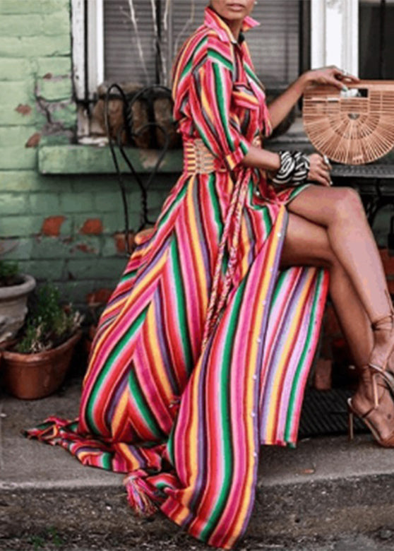 MW | Regenbogen gestreift Taste Tie Taille Maxi Shirts Kleider Sommer AH528