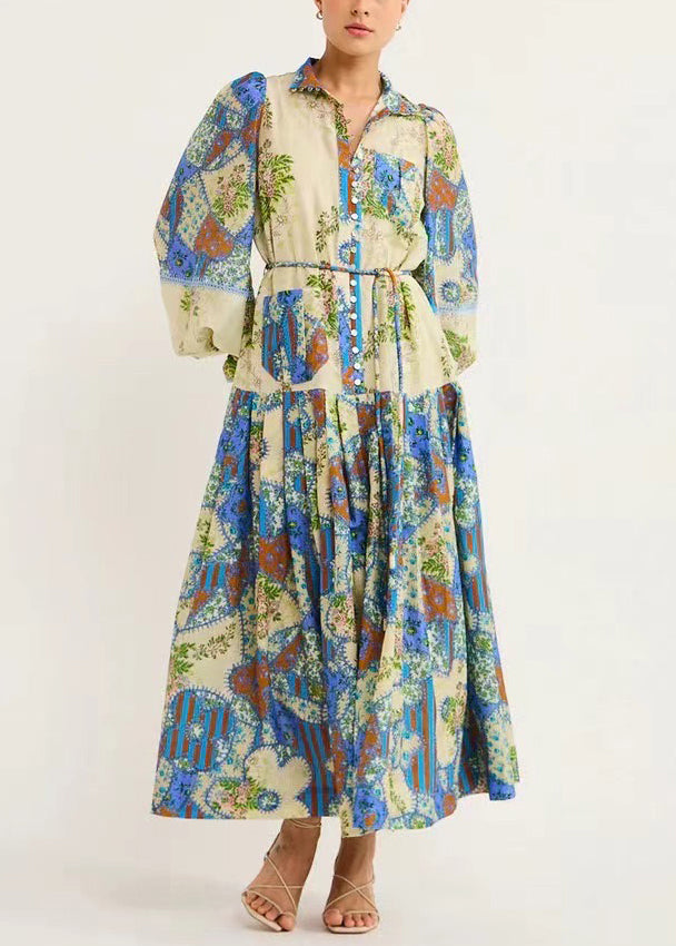 MW | Blue Print Tie Waist Silk Cotton Shirts Kleider Flare Sleeve FF074