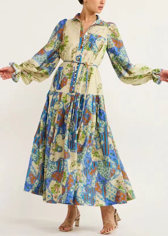 MW | Blue Print Tie Waist Silk Cotton Shirts Kleider Flare Sleeve FF074
