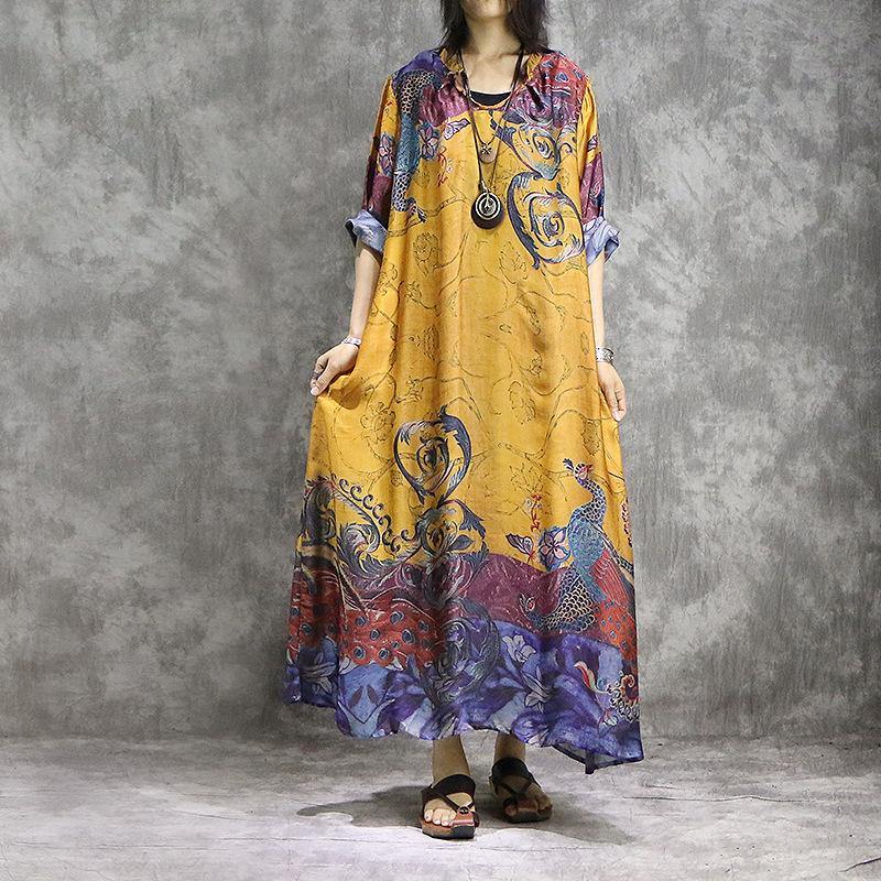 MW | Französische Drucke Chiffon Tunika Kleid Fashion Design gelb Chiffon Kleider Sommer