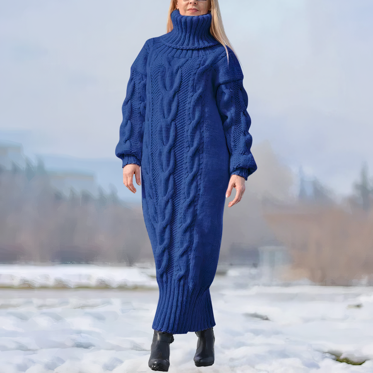 MW | langes Maxikleid mit hohem Kragen und Zopfstruktur