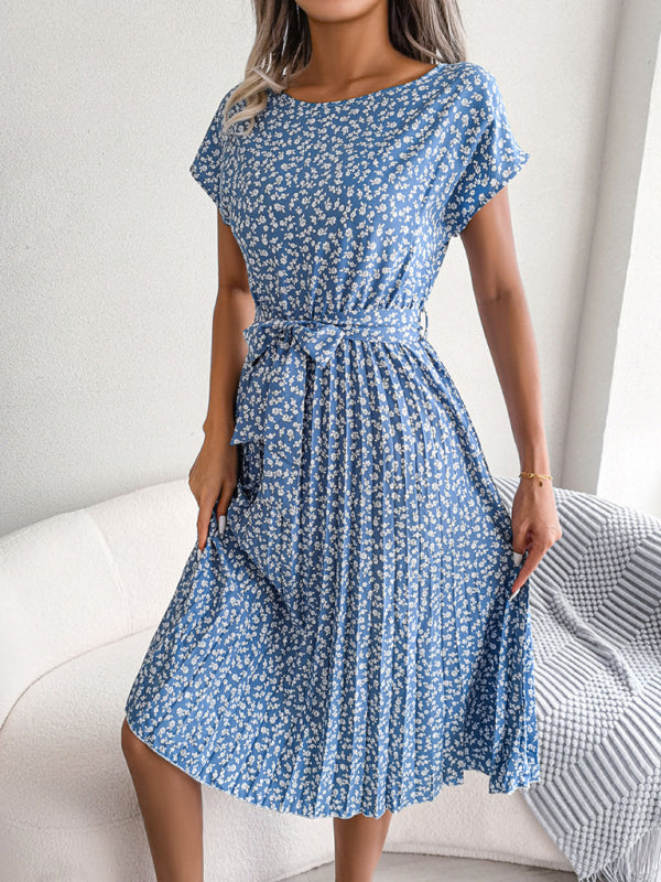EM | A-Linie Blumenmuster Rundhalsausschnitt Midi-Kleid mit Taillengürtel
