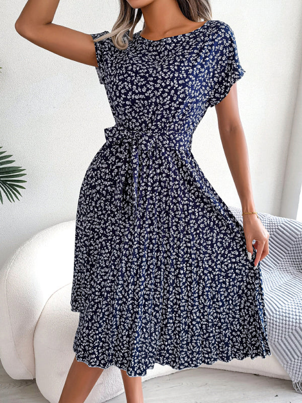 EM | A-Linie Blumenmuster Rundhalsausschnitt Midi-Kleid mit Taillengürtel