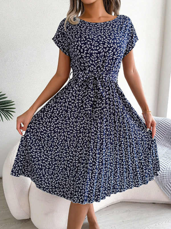 EM | A-Linie Blumenmuster Rundhalsausschnitt Midi-Kleid mit Taillengürtel