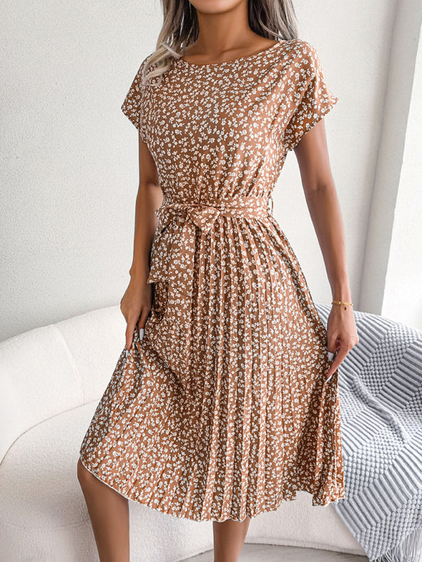EM | A-Linie Blumenmuster Rundhalsausschnitt Midi-Kleid mit Taillengürtel