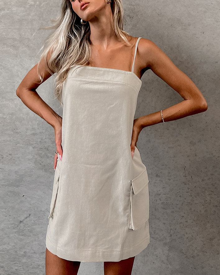 MW | Khaki Leinen Straight Large Pocket Cargo Kleid