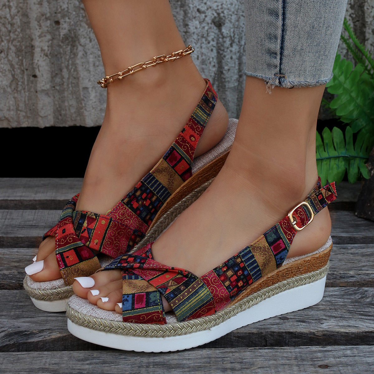 MW | Bedruckte offene Slingback-Keil-Espadrilles Sandalen