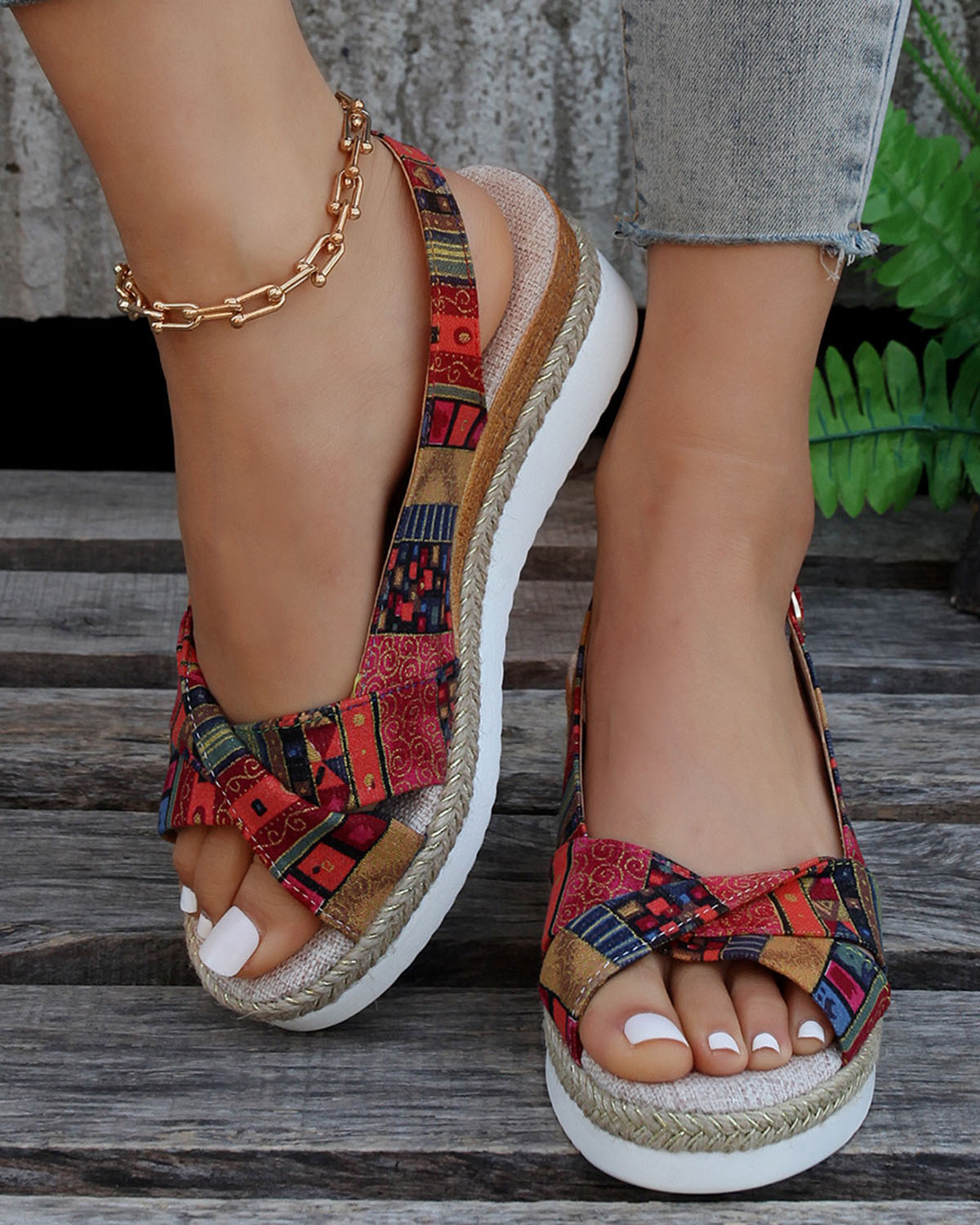 MW | Bedruckte offene Slingback-Keil-Espadrilles Sandalen
