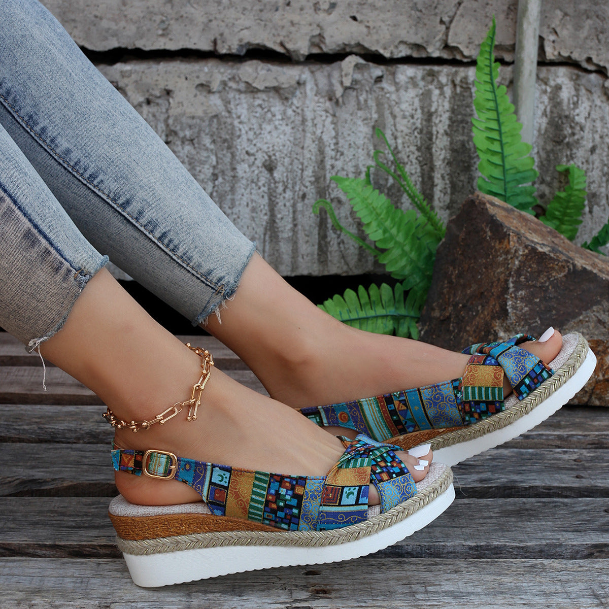 MW | Bedruckte offene Slingback-Keil-Espadrilles Sandalen