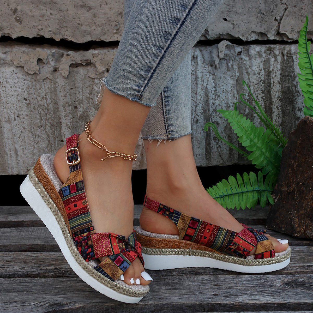 MW | Bedruckte offene Slingback-Keil-Espadrilles Sandalen