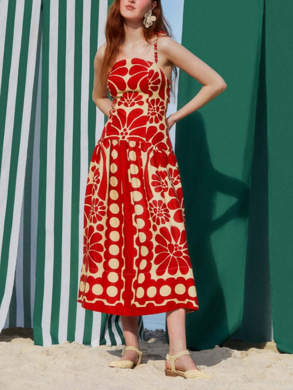 MW | Einzigartiger Ethno-Druck Perlen-Träger Midi-Kleid