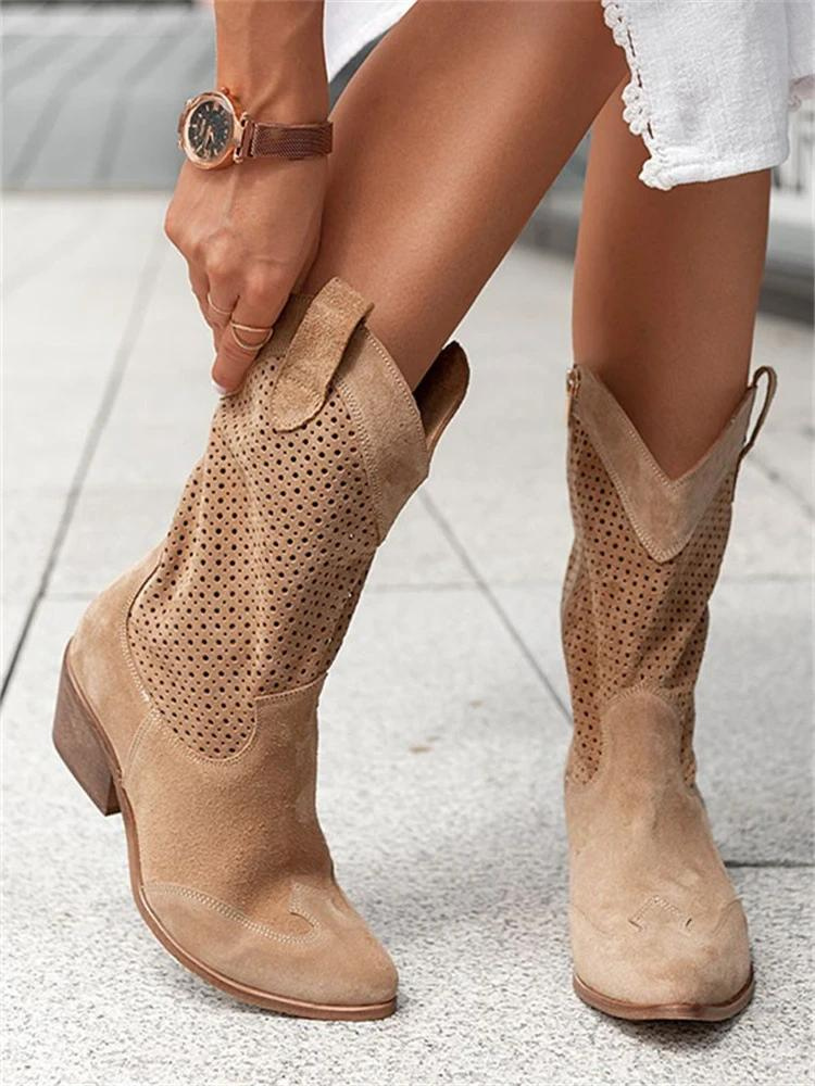 EM | Mittelhoher Absatz Gebranntes Wildleder Niedrig geschnittene Damenstiefel Trendy