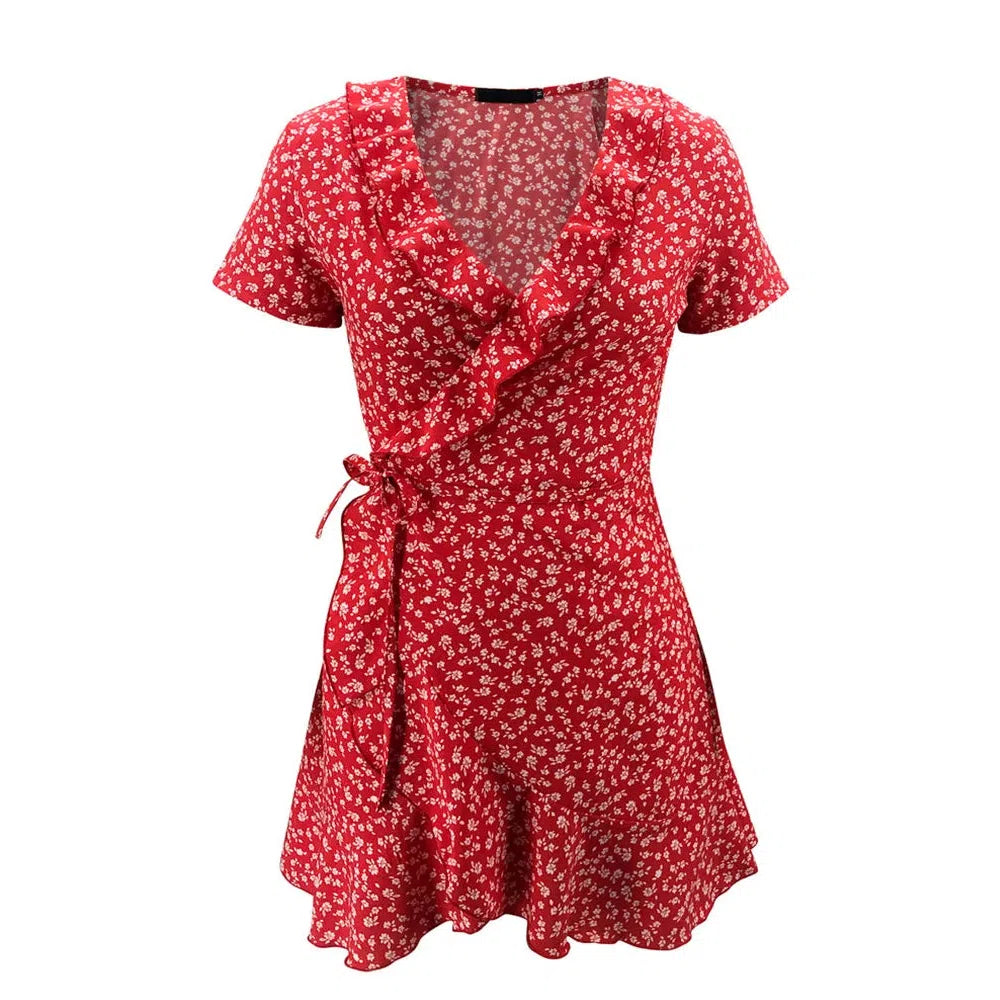 MW | Sommer Damen Floral A-Linie Kleid Elegant Rüschen V-Ausschnitt Minikleid