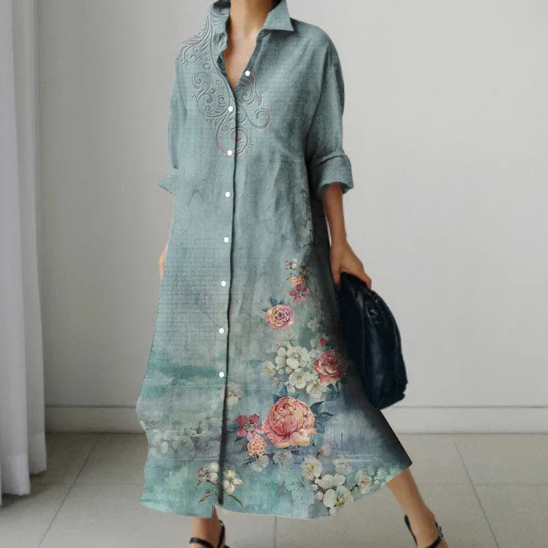 MW | Retro Floral V-Neck Shirt Kleid mit Taschen