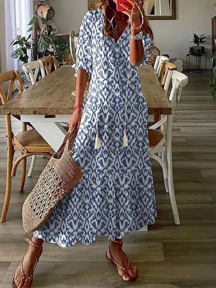 MW | Boho gemustertes Midikleid mit kurzen Ärmeln