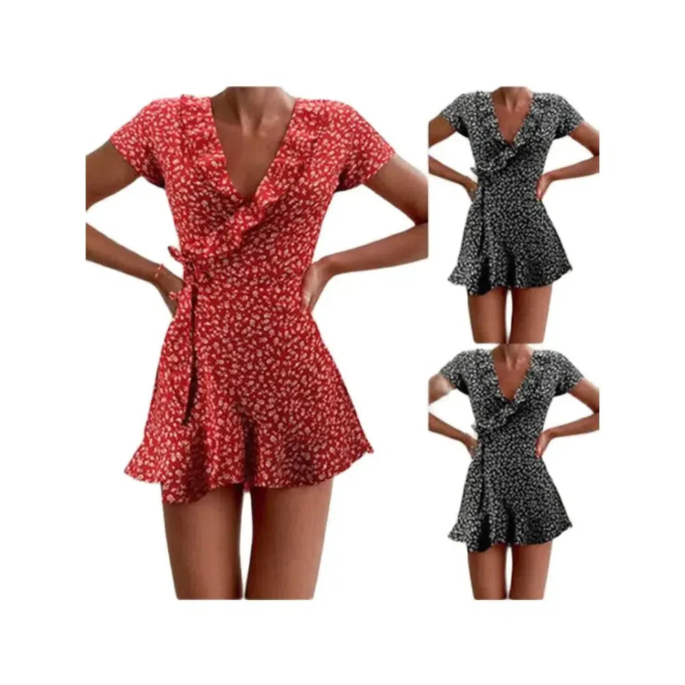 MW | Sommer Damen Floral A-Linie Kleid Elegant Rüschen V-Ausschnitt Minikleid