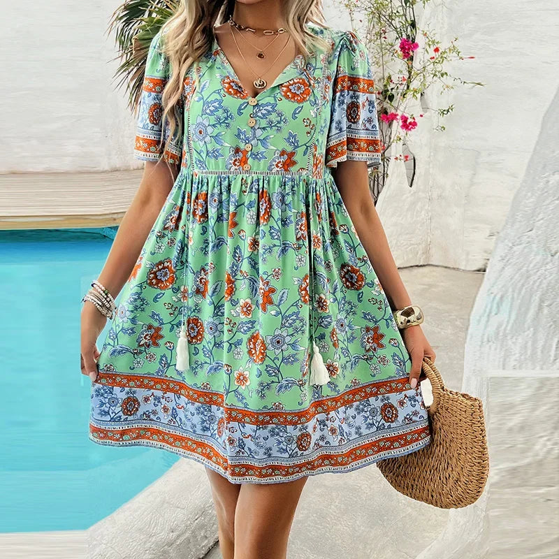 MW | Ariana™ Florales Boho-Minikleid mit V-Ausschnitt