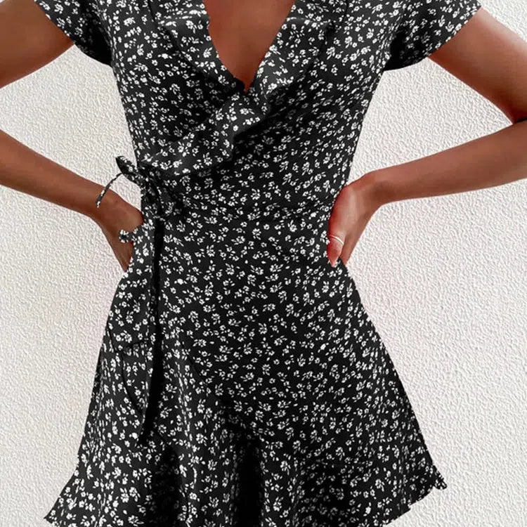 MW | Sommer Damen Floral A-Linie Kleid Elegant Rüschen V-Ausschnitt Minikleid