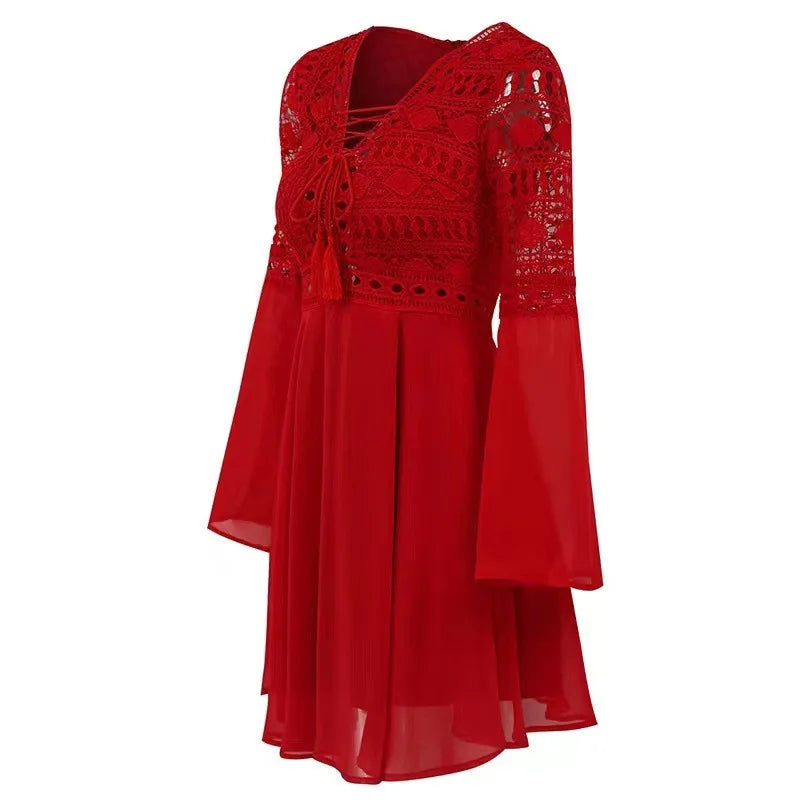 MW | Women's A Line Kleid Kurzes Minikleid Langarm Rüschen V-Ausschnitt